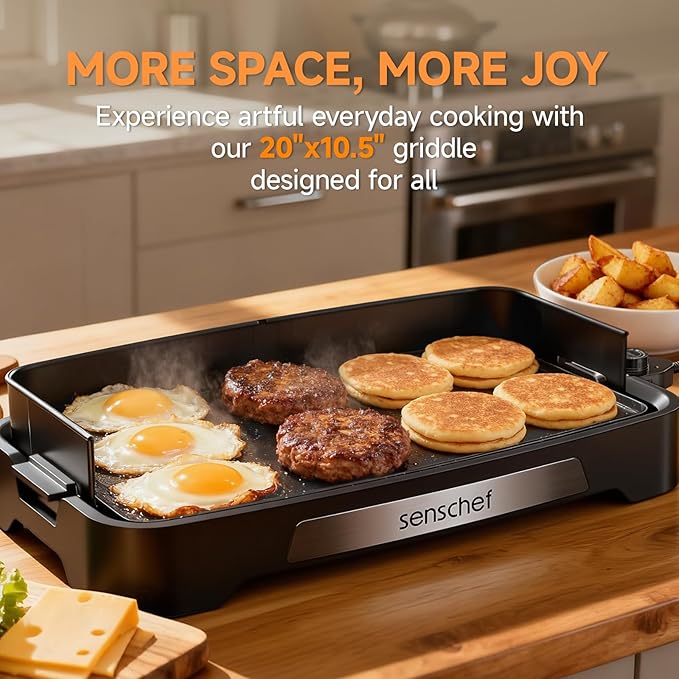 Cleansnap Everyday Electric Griddle, 20” Nonstick Grill with Foldable Anti-Mess Shield, 1700W Fast Heating, ILAG Ultimate Coating, Dishwasher-Safe Removable Plate, Midnight Black