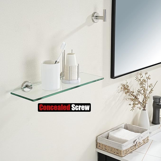 JQK Bathroom Glass Shelf, Tempered Glass Shower Storage 14 by 5 inches, 304 Stainless Steel Brushed Finish Wall Mount, TGS101L14-BN