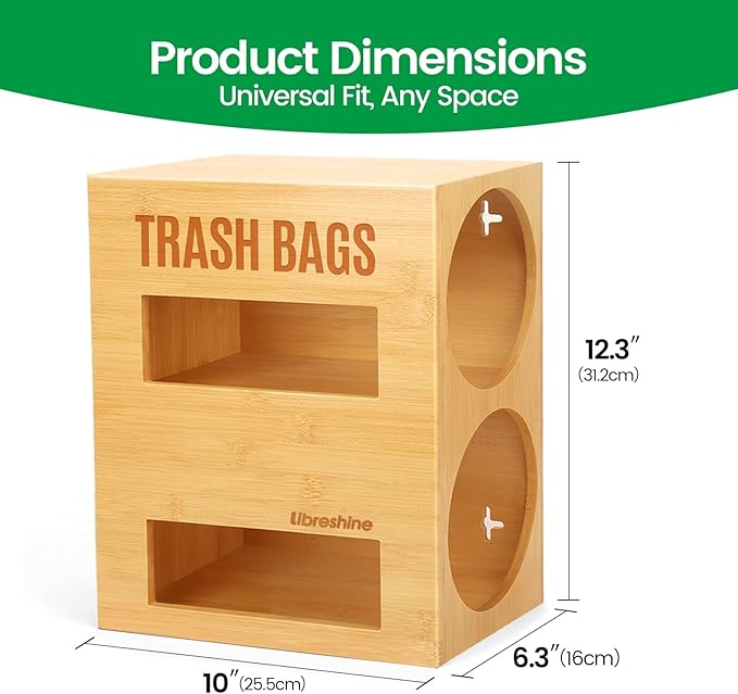 Dual Roll Bamboo Trash Bag Dispenser & Grocery Bag Holder, 2-Compartment Organizer for 13–33 Gallon Rolls (Fits Up to 5.2”Dia), Wall Mount or Under Sink, Stackable Storage
