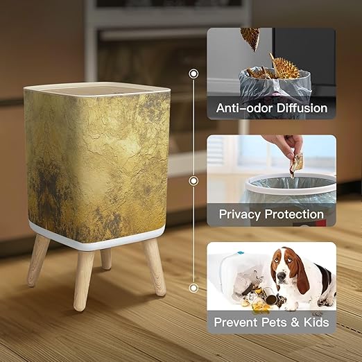 Small Trash Can with Lid Gold texture for cover cards flyers poster Bronze paint Stone backdrop Wastebasket with Press Cover Dog Proof Garbage Can Waste Bin for Kitchen Bathroom Nursery 2.6 Gallon