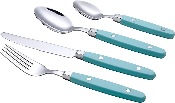 ANNOVA Silverware Set, Retro/Rivet Colorful Stainless Steel Tableware Kitchen Flatware Set Utensils, Includes Dinner Knives, Forks, Spoons & Dessert Spoons (Turquoise, 24 Pieces)
