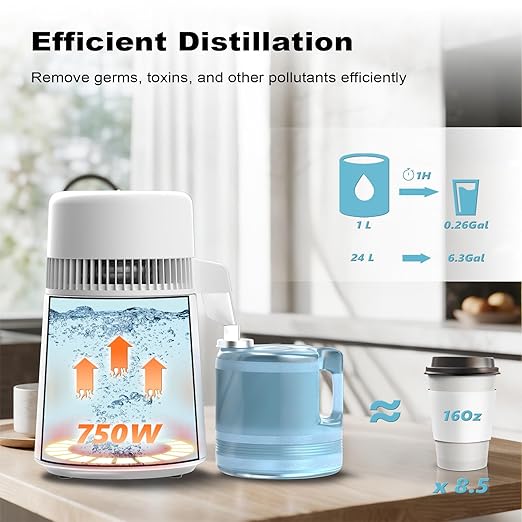 ROVSUN 1.1 Gallon/4L Water Distiller for Home Countertop, Stainless Steel Interior & BPA-Free Container, Distilled Water Machine Water Maker Purifier, Distilling Pure Water Maker, 1L/H, White, 750W