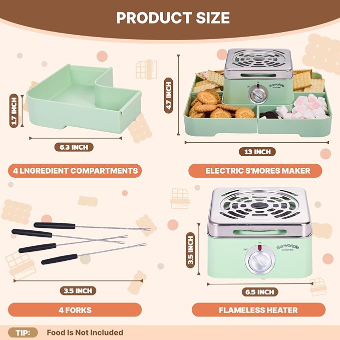Electric Smores Maker - Indoor Smores Kit with 4 Detachable Trays, 4 Stainless Steel Forks - Flameless Smores Maker Tabletop Indoor Kit (Green)