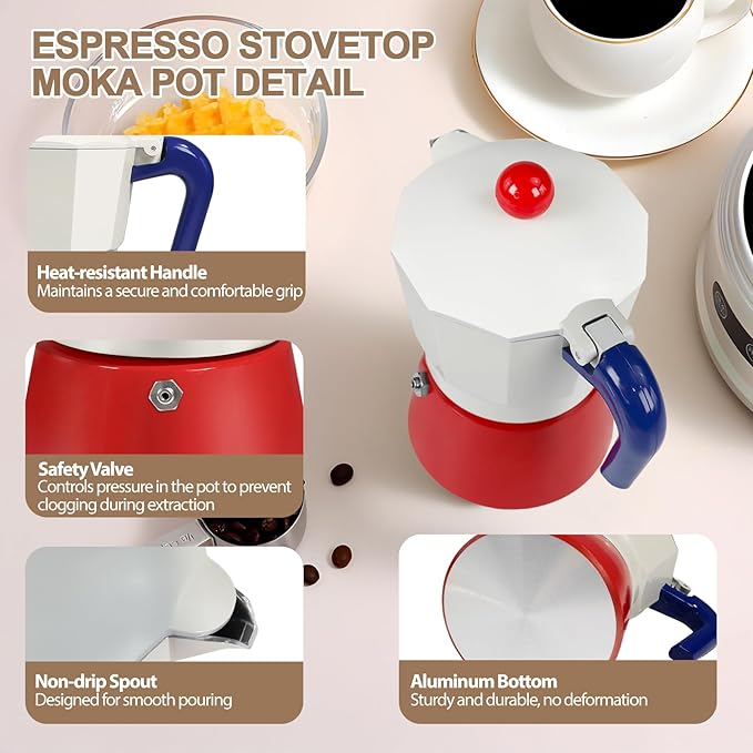 Aluminum 6 Cup 300ml Moka Pot Express Coffee Maker Stovetop Espresso Colorful Coffeemaker Italian Classic Style Brewing Greca Cafe Mocha Machine for Cafeteras Lover Camping Travel and Home Use 10oz
