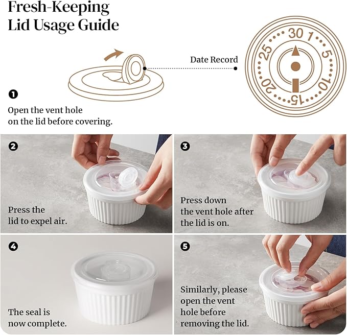 DOWAN Ramekins 8 oz Oven Safe with Lids, Creme Brulee Ramekins Bowls, Porcelain Ramiken Souffle Dishes, Custard Cups for Baking, Small Bowls for Pudding Dip Sauces Dessert, White, Set of 6