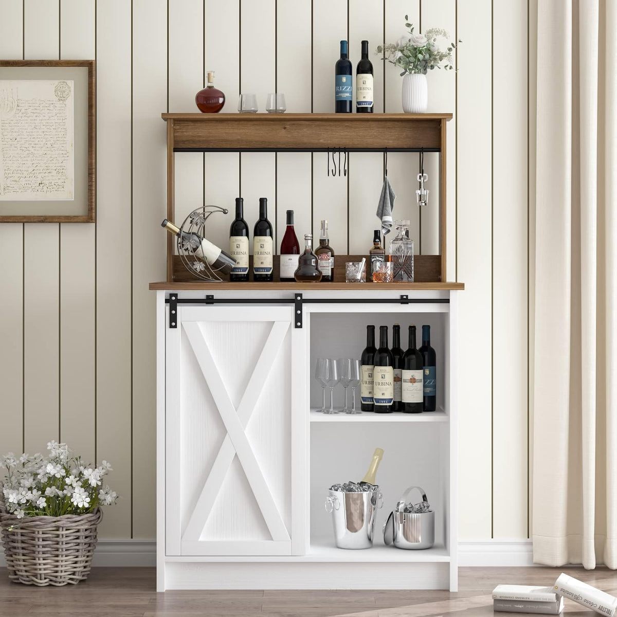 4ever2buy Farmhouse Coffee Bar Cabinet with Storage, White Coffee Bar with Hutch and 6 Hooks, 31.5 Inch Hutch Cabinet with Sliding Barn Door and Adjustable Shelves for Living Room