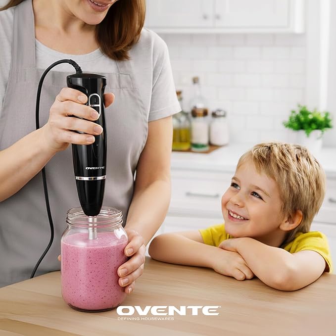 OVENTE Immersion Hand Blender, 300W Electric Handheld Stick Mixer with 2 Mixing Speeds and Stainless Steel Blades for Smoothies, Purees & Baby Food, Black HS560B