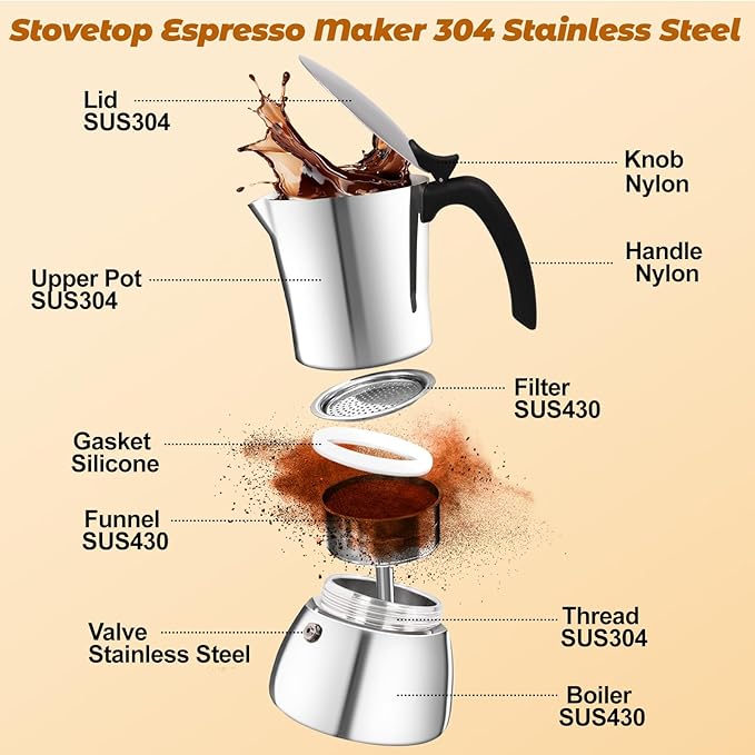 No Coating 6 Cup Thickened 304 Stainless Steel Moka Pot Stovetop Espresso Maker Italian Coffee Machine 300ml 10oz Suitable for Gas Induction Stovetop Greca Coffee Maker Percolator