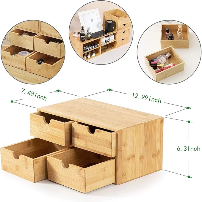 Wisuce Bamboo Desk Drawer Organizer, Desktop Organizer with Drawers Tabletop Storage Organization Box for Office Home Toiletries Supplies Vanity, No Assembly Required(4 Drawes)
