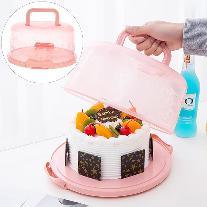 Amosfun 9.84 Inch Portable Cake Carrier with Handle Buckle Seal Round Cake Box Container Lightweight Cupcake Holder Tray for Dessert Transport