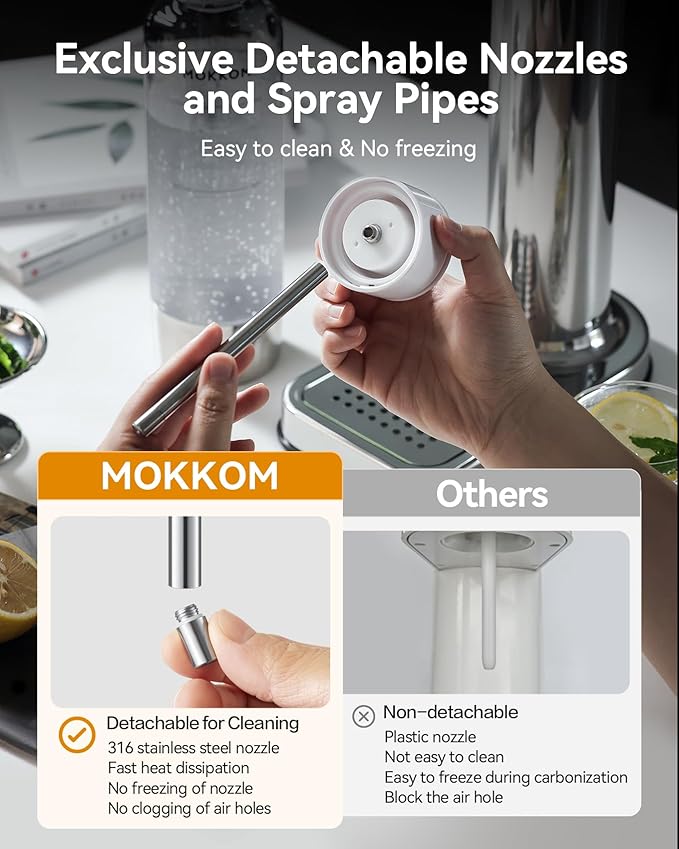MOKKOM Sparkling Water Maker Stainless Steel & 1L Reusable Soda Maker Bottle