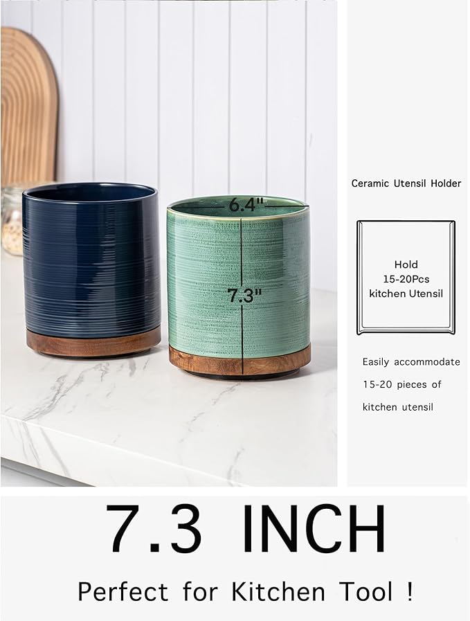 Utensil Holder, 360° Rotating Extra Large Ceramic Kitchen Utensil Holder for Countertop, 7.3“ Cooking Utensil Crocks for Kitchen Counter with Rotatable Wooden Base, Farmhouse Decor, Dark Blue