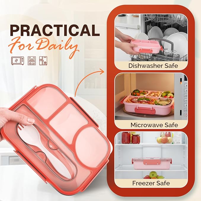 EASYFUN Bento Lunch Box Set Bento Box, 4-Compartment Lunch Containers,High Capacity Lunch Tote Bags for Work, Travel, Outdoor (Pink)