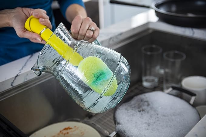 Scrub Daddy Dish Wand Scrubbing Brush with Handle, Soap Dispensing Dish Brushes, Texture Changing Washing Up Sponges With Liquid Dispenser, Scrubber with Scraper & Detachable Head Sponge, Blue