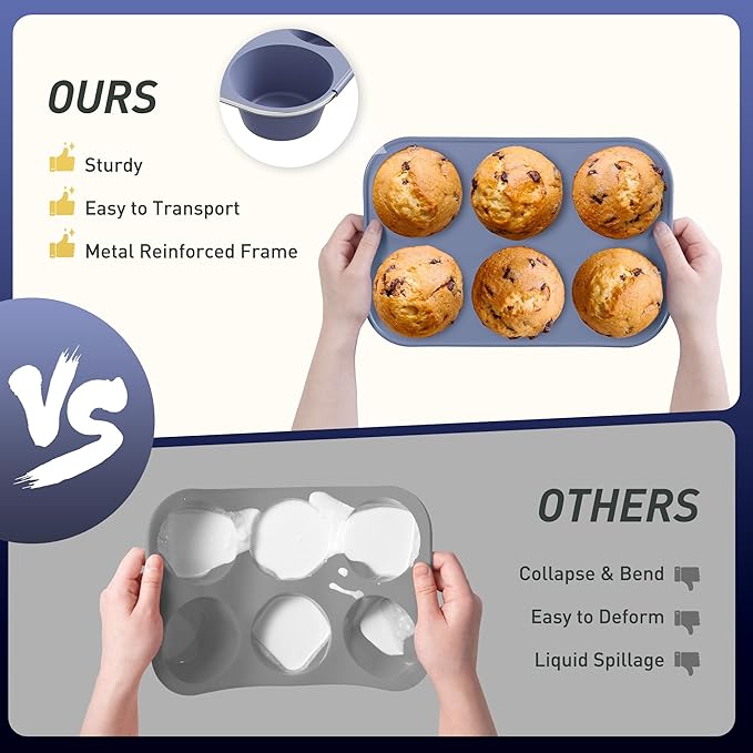 Socisen 2 Pack 6 Cups Silicone Jumbo Muffin Pan with Metal Reinforced Frame Silicone Molds for Baking Cupcake Cake Baking Pans Muffin Tin Tart Pans Baking Set for Easter Christmas holiday Cookie Tin