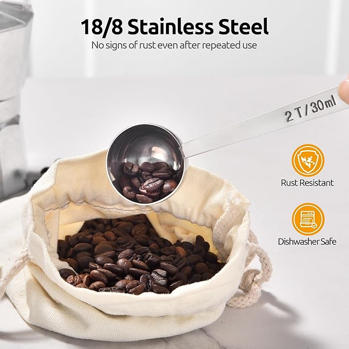 U-Taste Coffee Scoop 2 Tablespoon: 18/8 Stainless Steel Measuring Scooper for Ground Coffee, Bean, Powder, Espresso, 4.3in Long Handle Metal Measure Spoon for Canister, Jar (2Tbsp/30ml)