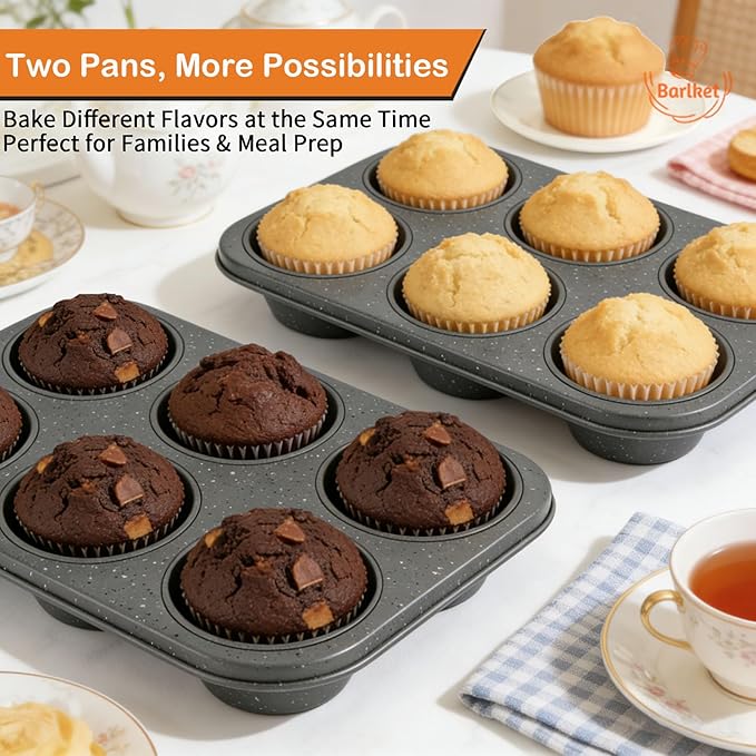2 Pack Jumbo Muffin Pan, 6 Cup Large Cupcake Pan with Speckled Granite Coating and Paper Liners, Professional Nonstick Carbon Steel Muffin Tin for Baking Muffins Frittatas Cupcakes, Grey