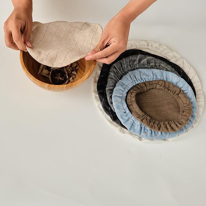 100% Pure Linen Bowl Covers For Bread Proofing, 4 Pcs Elastic Reusable Bowl Covers Large Ticking Striped Cloth Fabric Stretch Sourdough Lids, 6 * 8 * 10 * 12 Inches- Green