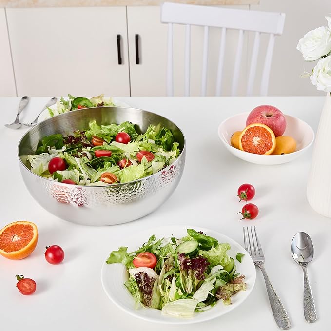 Brightalk 100oz Stainless Steel Hammered Salad Bowl, Large Fruit Popcorn Serving Bowl