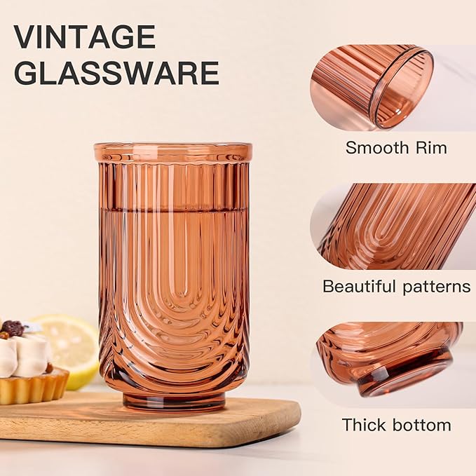 JOVGANK Amber Vintage Glassware Set of 6-17Oz Brown Water Drinking Glass, Art Deco Ripple Highball Glass, Whiskey Cocktail Glasses, for Bar Ice Coffee Juice, Housewarming Gifts and Mother's Day Gift
