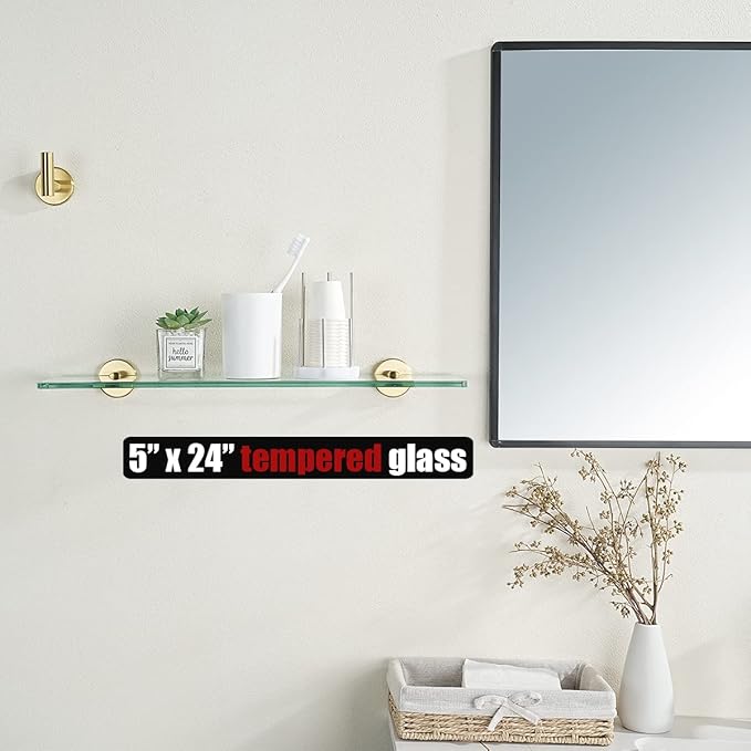 JQK Bathroom Glass Shelf Gold, Tempered Glass Shower Storage 24 by 5 inches, 304 Stainless Steel Brushed Gold Wall Mount, TGS101L24-BG