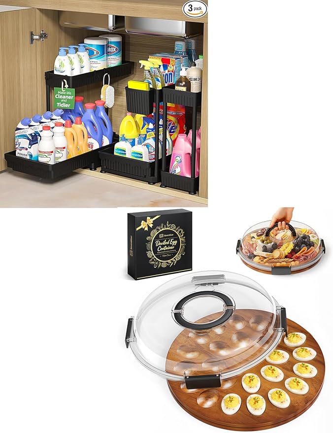 Sevenblue Easter Acacia Wood Deviled Egg Containers with Lid, 3 Pack L-Shaped Pull Out Under Sink Organizers