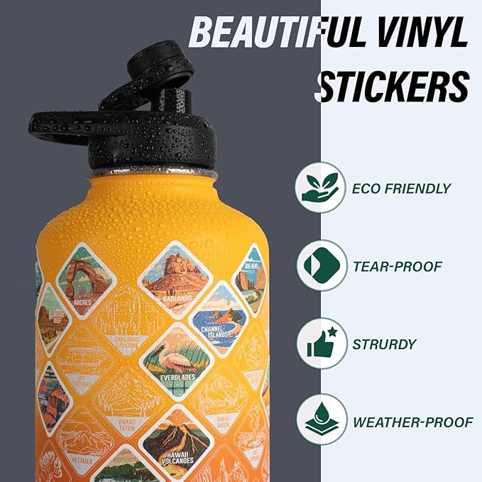 DYSANKY National Parks Water Bottle – 64 oz Insulated Stainless Steel Bottle with 63 Hand-Drawn Park Stickers, Carrier Bag, Strap & Gift Box – BPA-Free – Ideal for Hiking, Camping & Travel