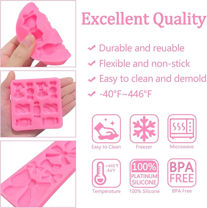 Bow Fondant Molds (3 Pcs) Candy Chocolate Cake Decorating Molds for DIY Candy, Marzipan, Mousse, Jelly, Sugar Craft Paste, Soap, Candles, Epoxy Crafts, Clay Molds, Wedding Dessert Place desk