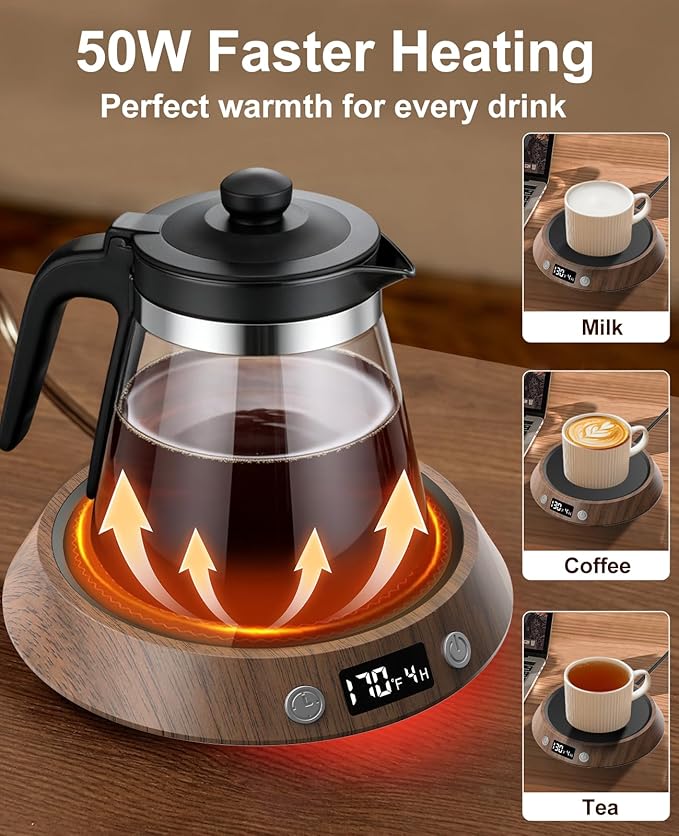 Kepwam Coffee Mug Warmer - 50W Electric Coffee Warmer for Desk 3 Temp Settings & 2-9 Timer Smart Cup Warmer for Desk Candle Warmer Plate with LED Lights Beverage Tea Milk Warmer for Home & Office