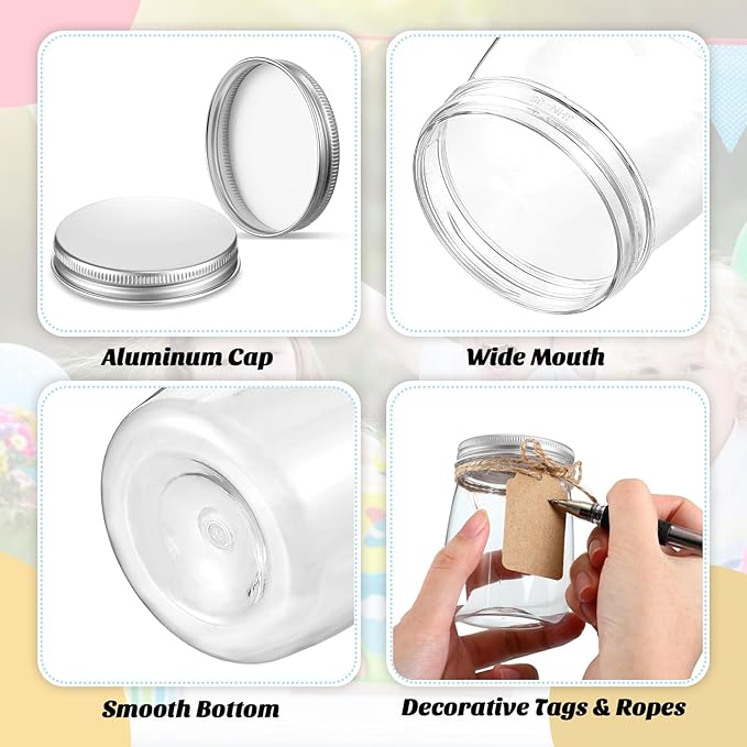 Nitial 50 Pack 5 oz Plastic Jars with Lids Bulk Yogurt Containers with Lids Gift Jars with DIY Craft Twine and Labels Gifts for Birthday Wedding Halloween Christmas Party Favor(Silver,Aluminum Lid)