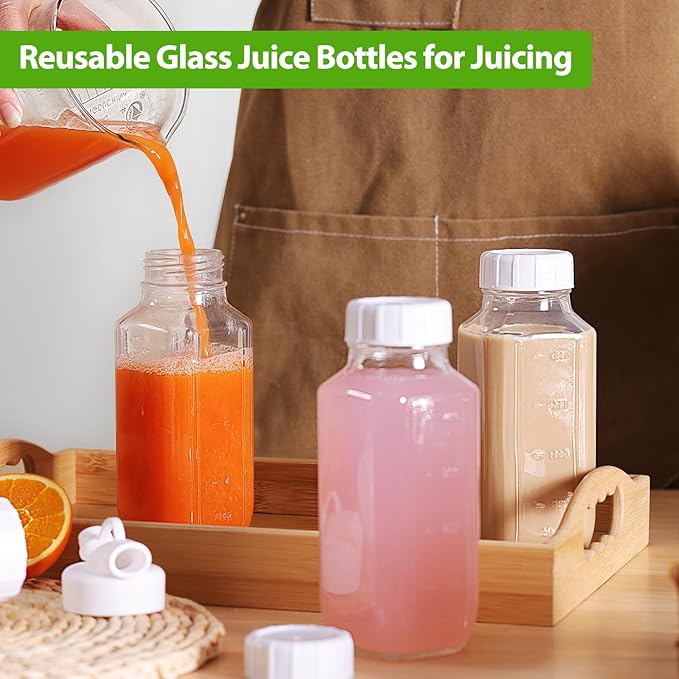 CUCUMI 12 Pack 16 Oz Glass Milk Bottles with Lids, Glass Juice Bottles with Scale & Silicone Pour Spout, Reusable Juice Containers Square Drinking Jars for Milk, Coffee, Smoothies, Water