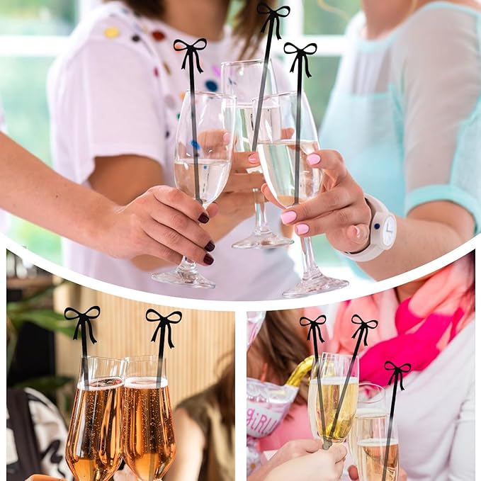 20Pcs Cocktail Stirrers, Black Bow Acrylic Drink Stirrers, 6 Inch Long Reusable Plastic Stirrer for Wedding Birthday Bridal Bachelorette Party Cocktail Cupcake Decorations Supplies