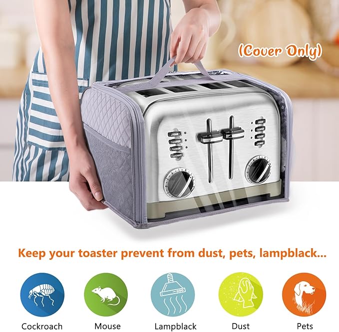 BAGSPRTIE Toaster Cover for 4 Slice Wide Slot, Full Open Dust Covers for Kitchen Appliances Compatible with Cuisinart, BELLA, Black and Decker 4 Slices, Toaster Bags with Zipper Closure (Cover Only)