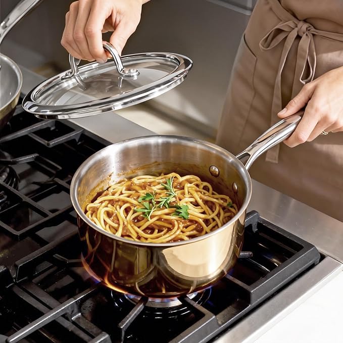 Macevia Sauce Pan with Glass Lid, 18/10 Stainless Steel Pot with Stay-Cool Handle, For All Stoves Multipurpose Use for Home Kitchen or Restaurant (1 Quart)- Rose Gold