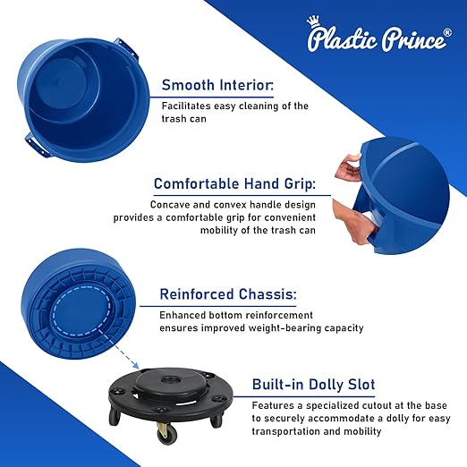 PLASTIC PRINCE 32 Gallon Round Trash Can Container with Lid Blue Plastic Commercial Garbage Bin for Home Garage Restaurants Warehouses