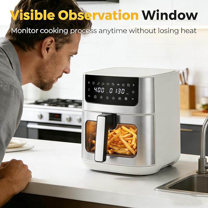 HealSmart 6.34 Qt Air Fryer with Window, 8-in-1 Digital AirFryer Oven, 1700W, Nonstick Dishwasher-Safe Basket, Air Fry, Roast, Dehydrate, 90-Min Timer, Stainless Steel, White