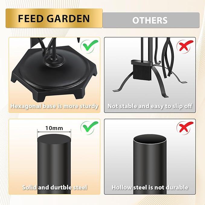 FEED GARDEN Fireplace Tools Set 5 Pieces Modern 32 Inch Outdoor Wrought Iron Fireplace Accessories Set with Log Holder Poker, Tong, Shovel, Brush, Base, Black