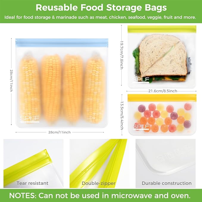 SPLF 9 Pack Reusable Gallon Freezer Bags Dishwasher Safe, BPA Free 1 gallon Leakproof Silicone and Plastic Free Food Storage Bags for Meal Prep, Fruits, Sandwich, Snack, Travel Items - Muticolor