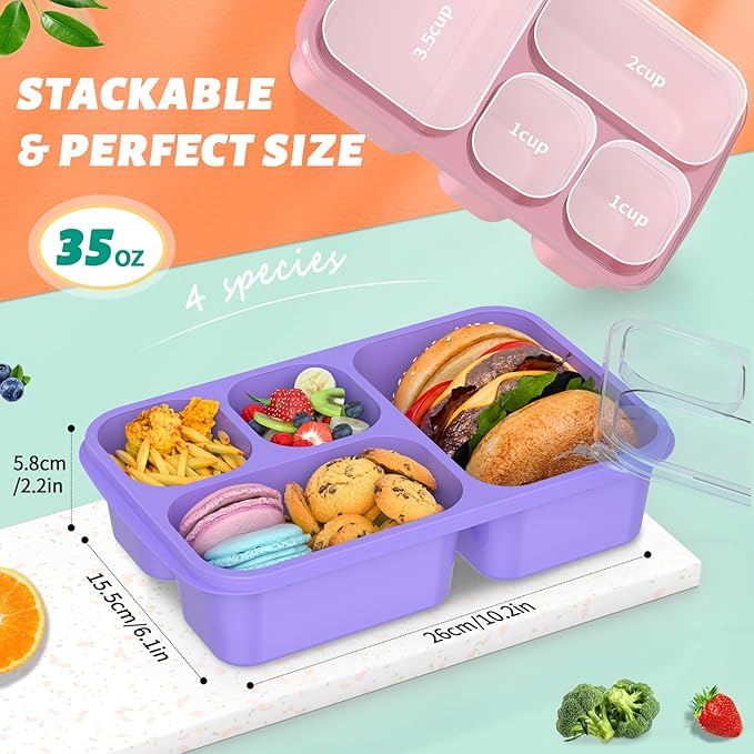Bento Lunch Box - 4 Pack, 4-Compartment Meal Prep Containers, Adult Lunch Box, Microwave & Dishwasher Safe (Dark-PP(B/P/G/P))