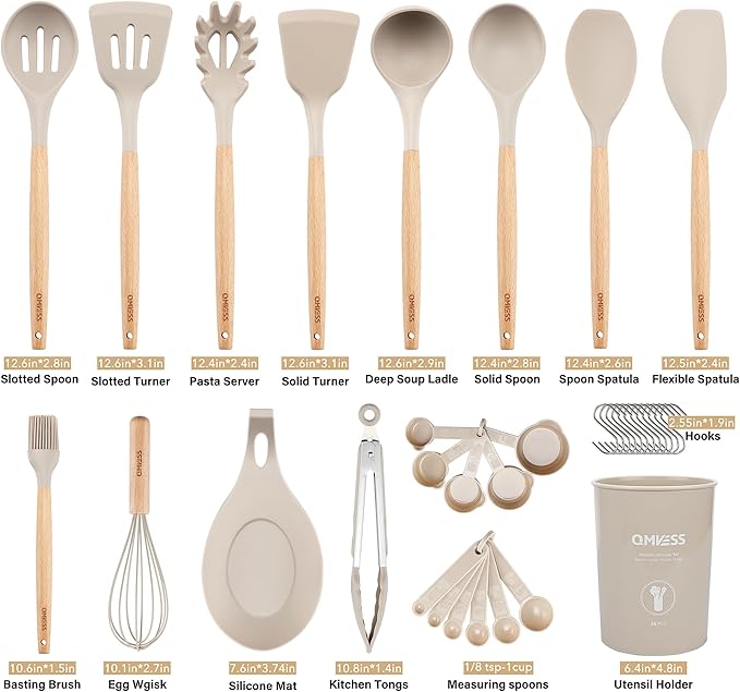 QMVESS Silicone Kitchen Utensils Set, 35 Pcs Non-Stick Cooking Utensils Set, Sturdy Insulation Wooden Handle Kitchen Accessories for Cooking with Spatula Set and Spoons Set Gadgets (Khaki)