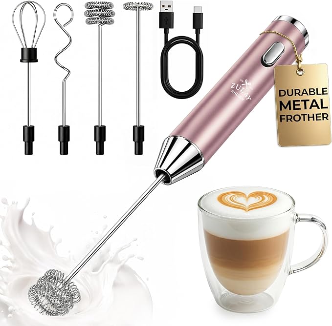 Zulay Kitchen Metal Rechargeable Milk Frother, 3 Whisk Attachments Handheld Frother Wand, 1800mAh USB-C Charging, Electric Drink Mixer for Protein, Matcha & Powders - One Charge Lasts up to 6 Months