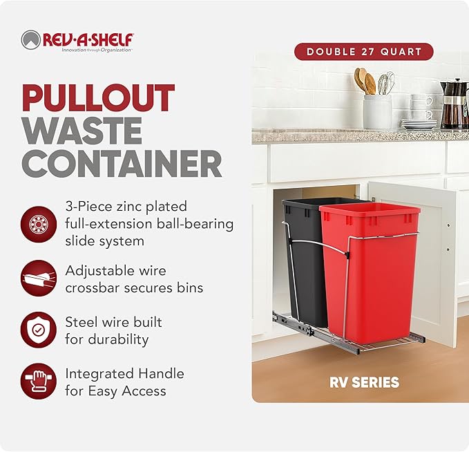 Rev-A-Shelf Pullout Trash Can for Kitchen Cabinets 27 Qt Garbage Recycling Bin with Full Extension Slides, Red/Black, RV-15KD-1618C-S