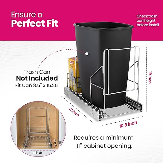 HOLDN’ STORAGE Pull Out Trash Can Under Cabinet - Trash Can Not Included - Dedicated Space for Disposable Trash Bags, Requires a 11” Cabinet Opening, Adjustable, Heavy Duty, Anti Rust Chrome Finish