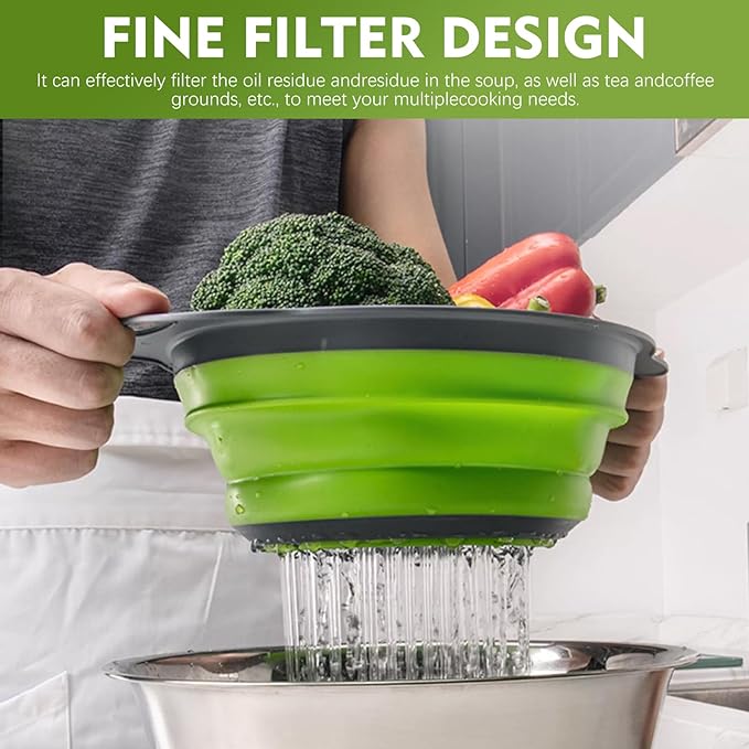 Silicone Colander Collapsible Strainers Set for Kitchen- 3 Pack (3Qt, 4Qt,5Qt) -Over Home Draining Basket, Food Vegetables & Fruits-Dishwasher Safe, BPA Free Space Saving Design (Green,Blue,Red)