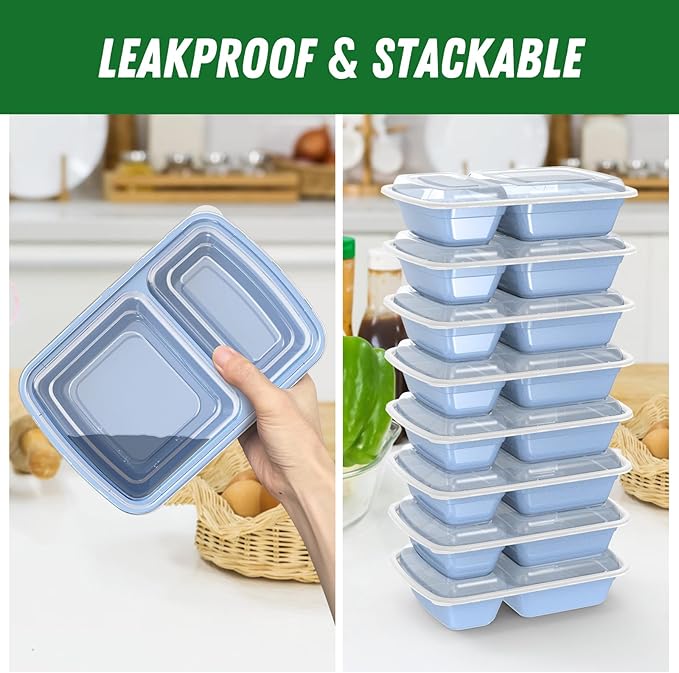 Dealusy 50 Pack (100-Piece) 28 oz Meal Prep Containers Reusable with Lids 2-Compartment, Sturdy Leakproof Food Safe, Microwave Freezer Dishwasher Safe, To Go Take Out Plastic Food Storage, Blue