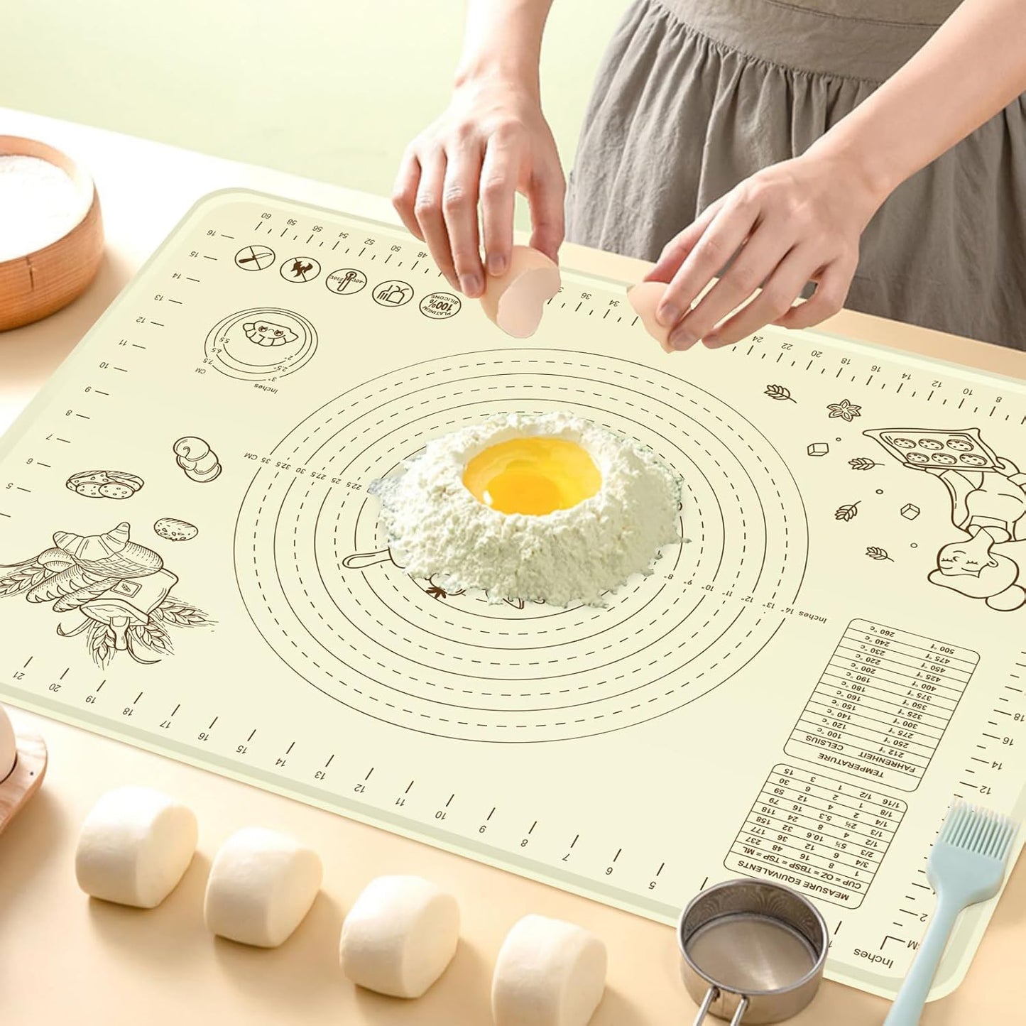 Silicone Baking Mat 24" x 16", Extra Thick Silicone Pastry Mat with Measurements and Edge Heightening, Non-stick Food Grade Dough Rolling Matfor for Pastry, Bread, Cookies, Pizza, Fondant, Pasta