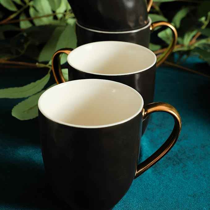 Stone Lain Florian Modern Porcelain 16 Piece Dinnerware Set, Plates and Bowls Set, Dish set for 4, Black And Golden Rim
