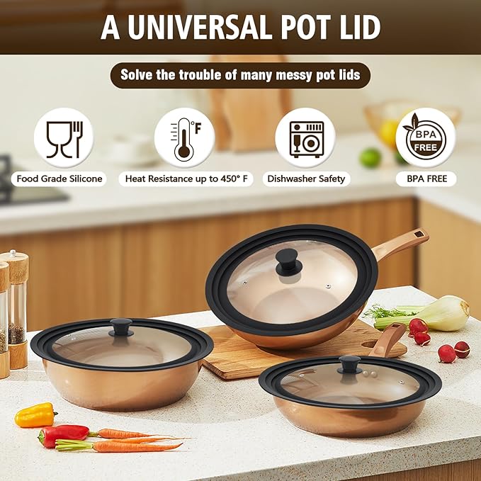 Extra Large Universal Lid Fits 13", 14", 15" Cookware - Silicone Replacement Pan Lid for Pots, Pans, and Skillets - Tempered Glass Pot Lid Cover for Frying Pans, Cast Iron, CrockPot