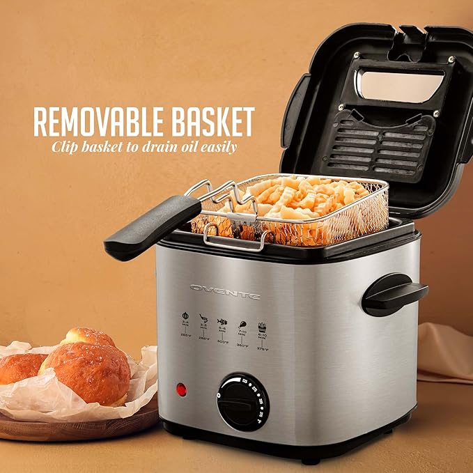 OVENTE Electric Deep Fryer, 1.5L Capacity, 800W with Adjustable Temperature, Viewing Window Lid, Removable Frying Basket & Cool-Touch Handles, Stainless Steel Countertop Fryer, Silver FDM1501BR