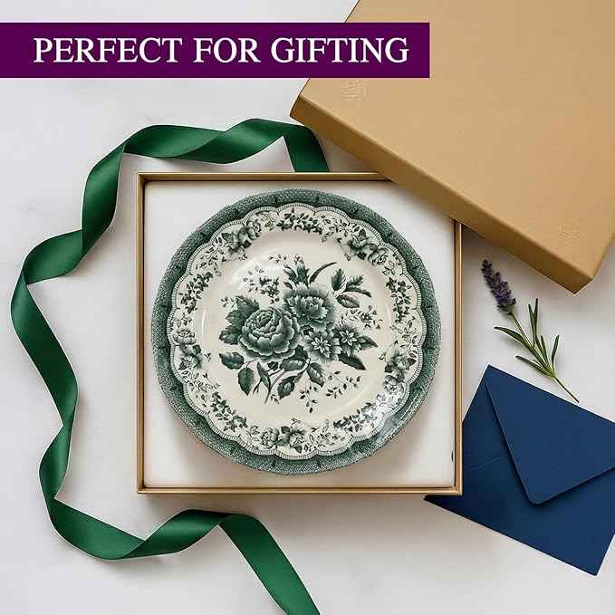 TUDOR ROYAL 12-Piece Porcelain Round Dinnerware Set, Service for 4, VICTORIA Green Design, Blue Floral, Plates Bowls Dishes, Premium Quality Tableware, Unique Pattern, Glossy